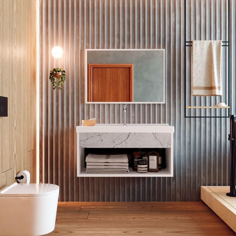 Gabinete Nicho Suspenso Com Espelheira Para Banheiro Com Lavatório Beta Branco Com Marmorizado Branco - Moveisaqui