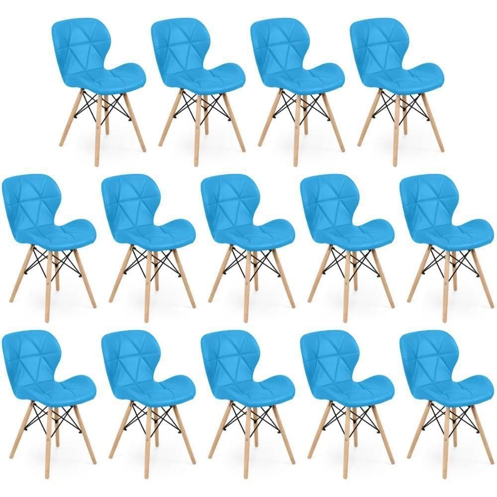 Kit 14 Cadeiras De Jantar Charles Eames Slim Wood Estofada - Azul