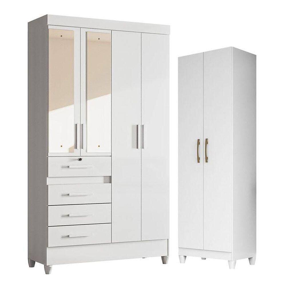 Guarda Roupa Infantil Sobral Com Espelho E Armário Multiuso New íris Branco Brilho - Moval
