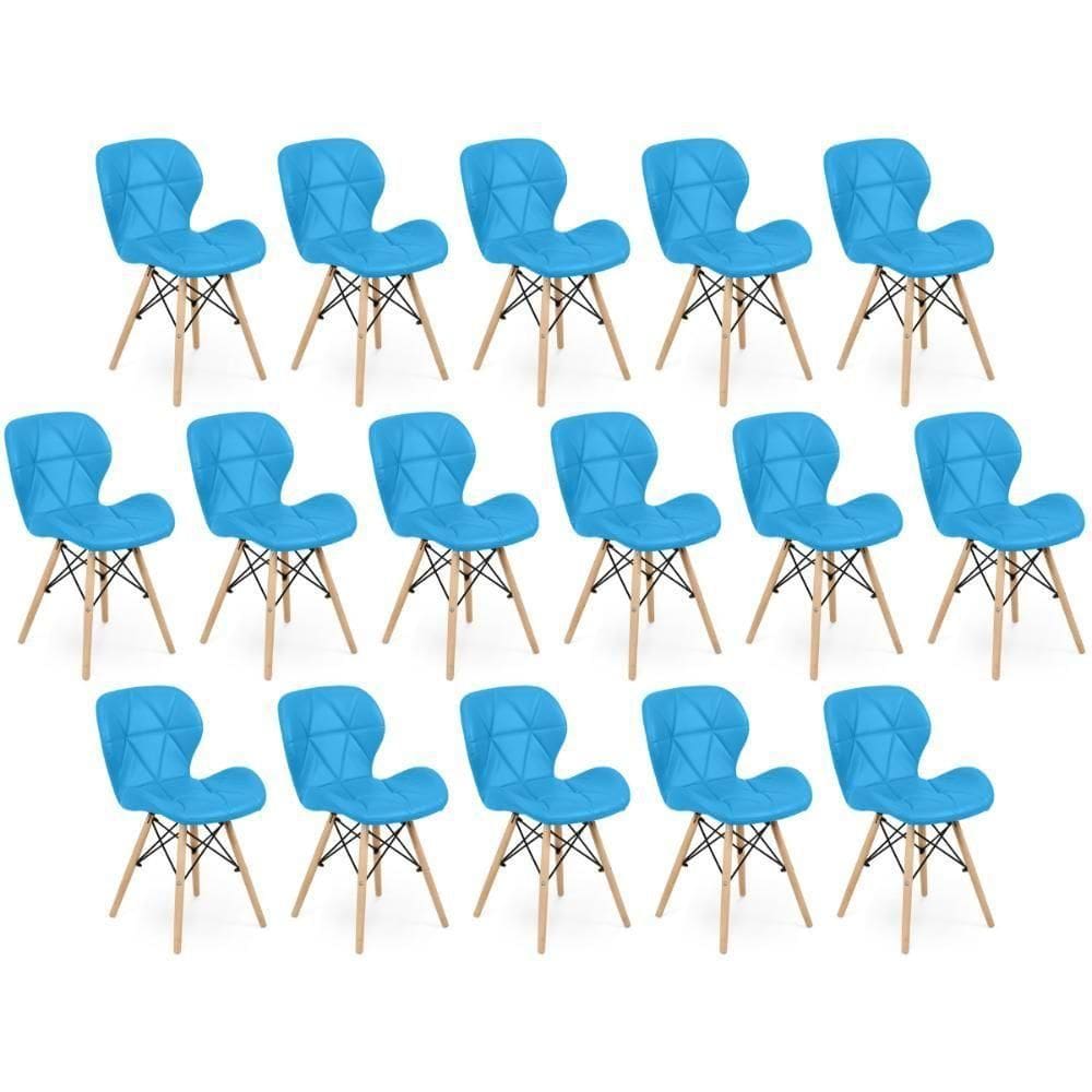 Kit 16 Cadeiras De Jantar Charles Eames Slim Wood Estofada - Azul