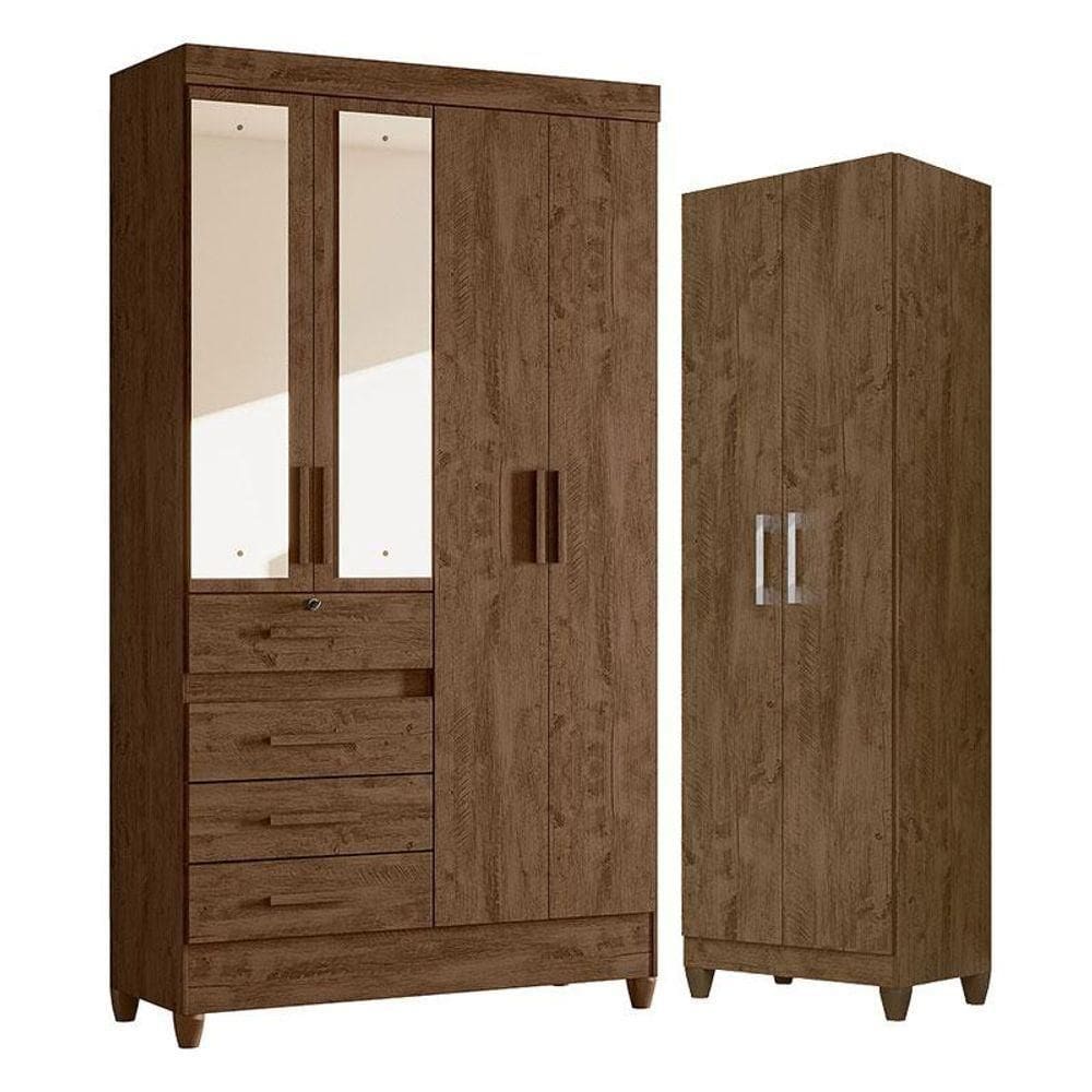 Guarda Roupa Solteiro Sobral Com Espelho E Armário Multiuso New íris Castanho Wood - Moval