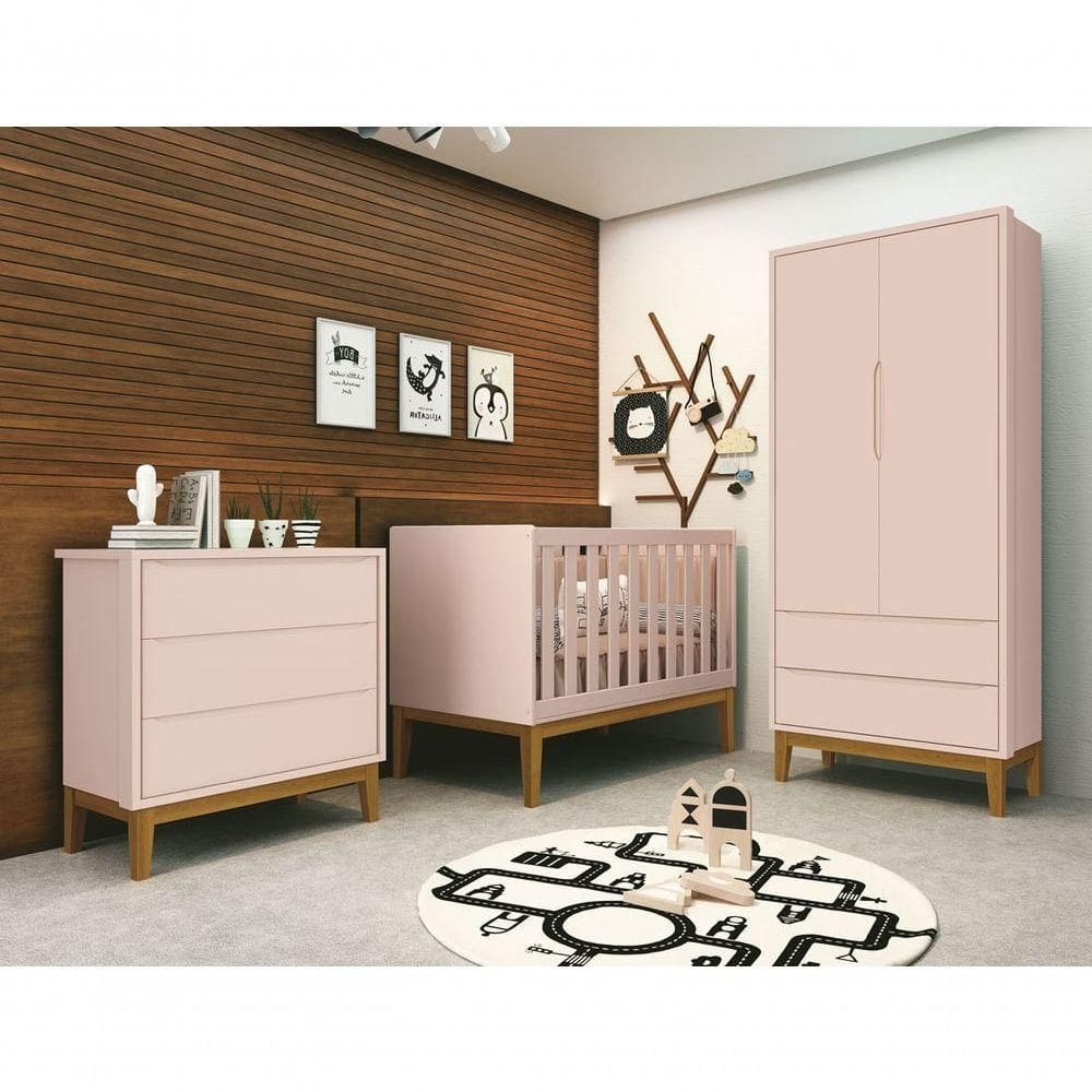 Jogo De Quarto Para Bebê Completo 2 Portas Classic New Rosa Fosco Com Madeira - Reller