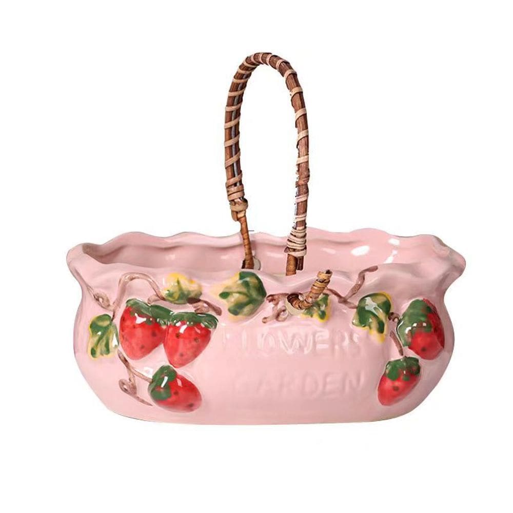 Design de cesta de morango em cerâmica para vasos de flores rosa 14,5 x 9,3 x 7,5 cm