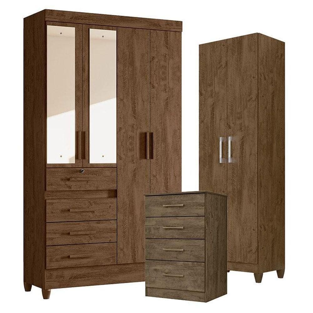 Guarda Roupa Com Espelho Solteiro Sobral Com Cômoda Ms913 E Armário Multiuso New íris Castanho Wood - Moval