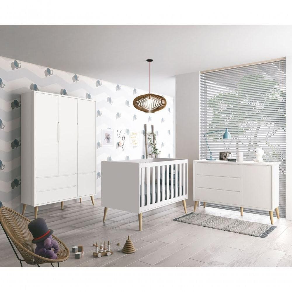 Jogo De Quarto Para Bebê Completo 3 Portas Théo New Branco Fosco Com Natural - Reller