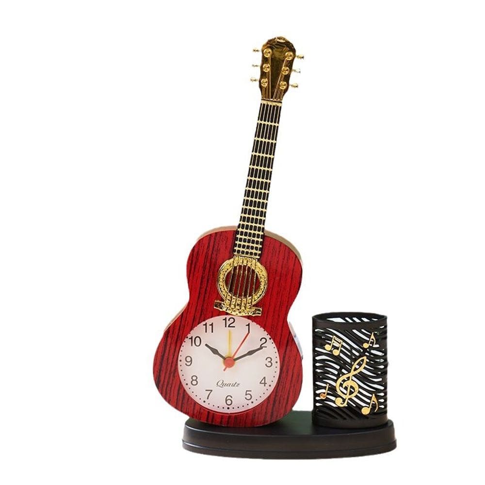 Porta-canetas, organizador de mesa, relógio de guitarra, plástico, 15 cm