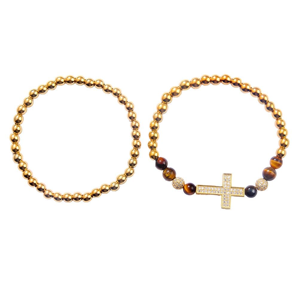 Conjunto de pulseiras masculinas de zircão, elástico cruzado, frisado, 2 peças
