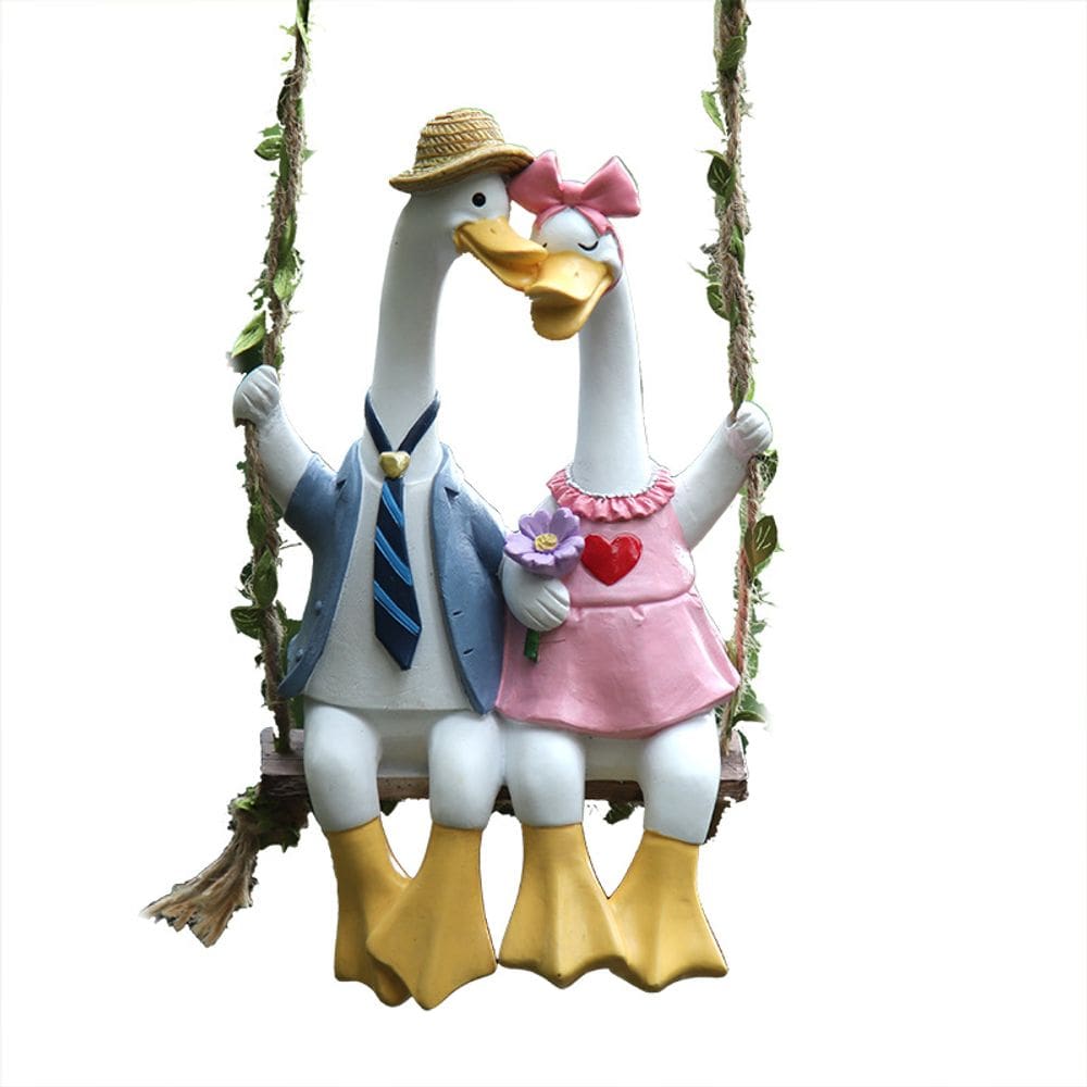 Escultura de decoração de jardim Swinging Duck Couple Resin