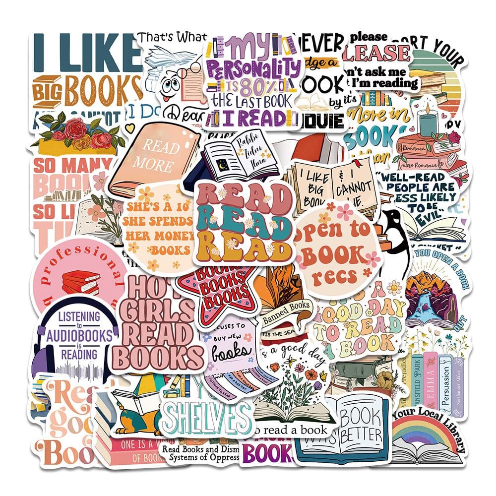 Pacote de adesivos com tema de livros e gatos, 50 unidades — Vinil impermeável
