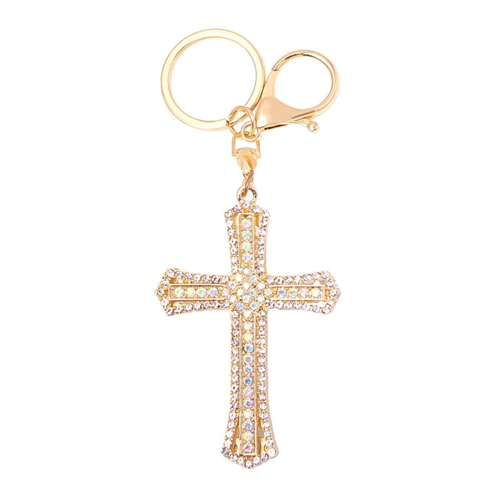 Chaveiro, pingente de cruz de cristal, strass, metal banhado a ouro