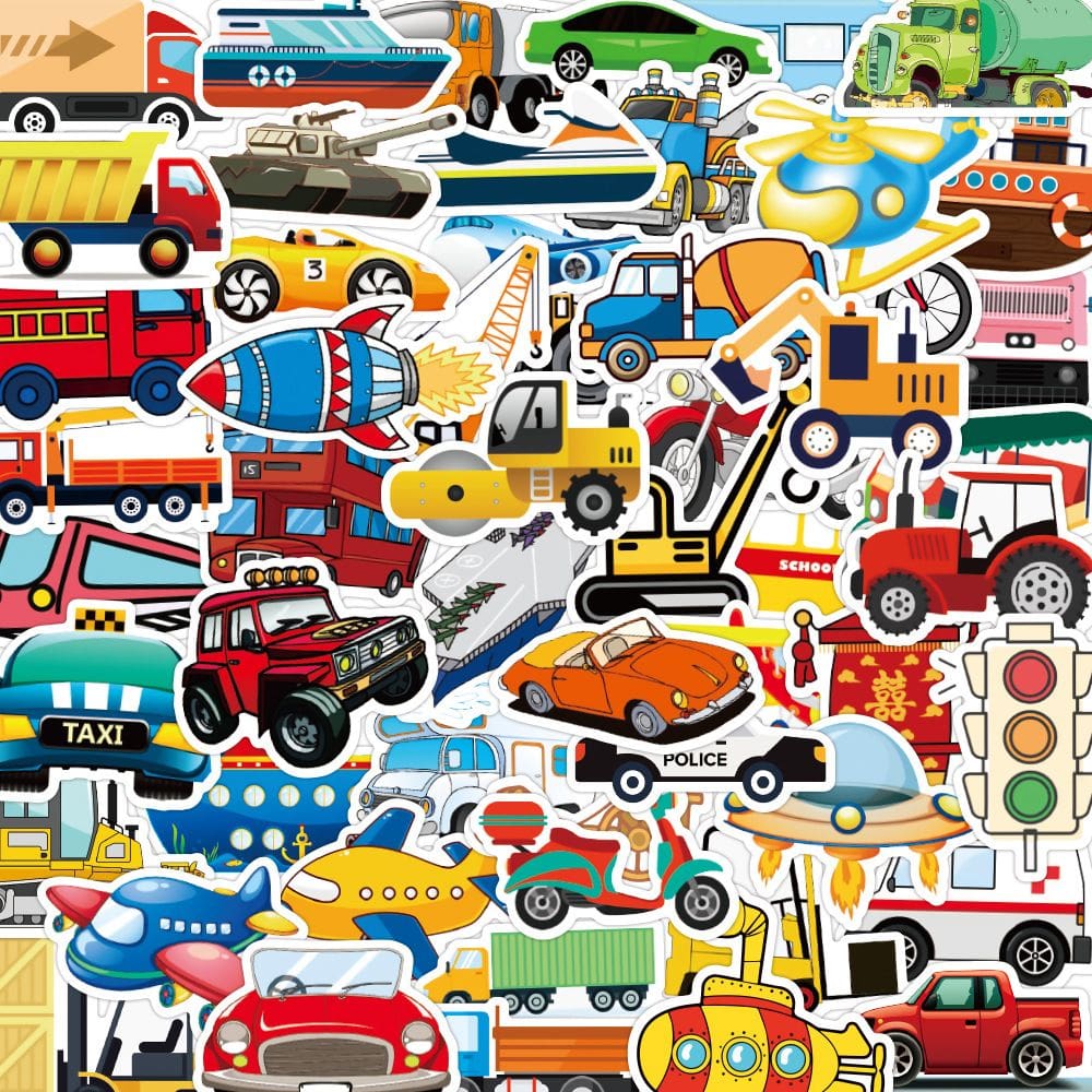 Pacote de adesivos Cartoon Transportation, 50 unidades de vinil impermeável