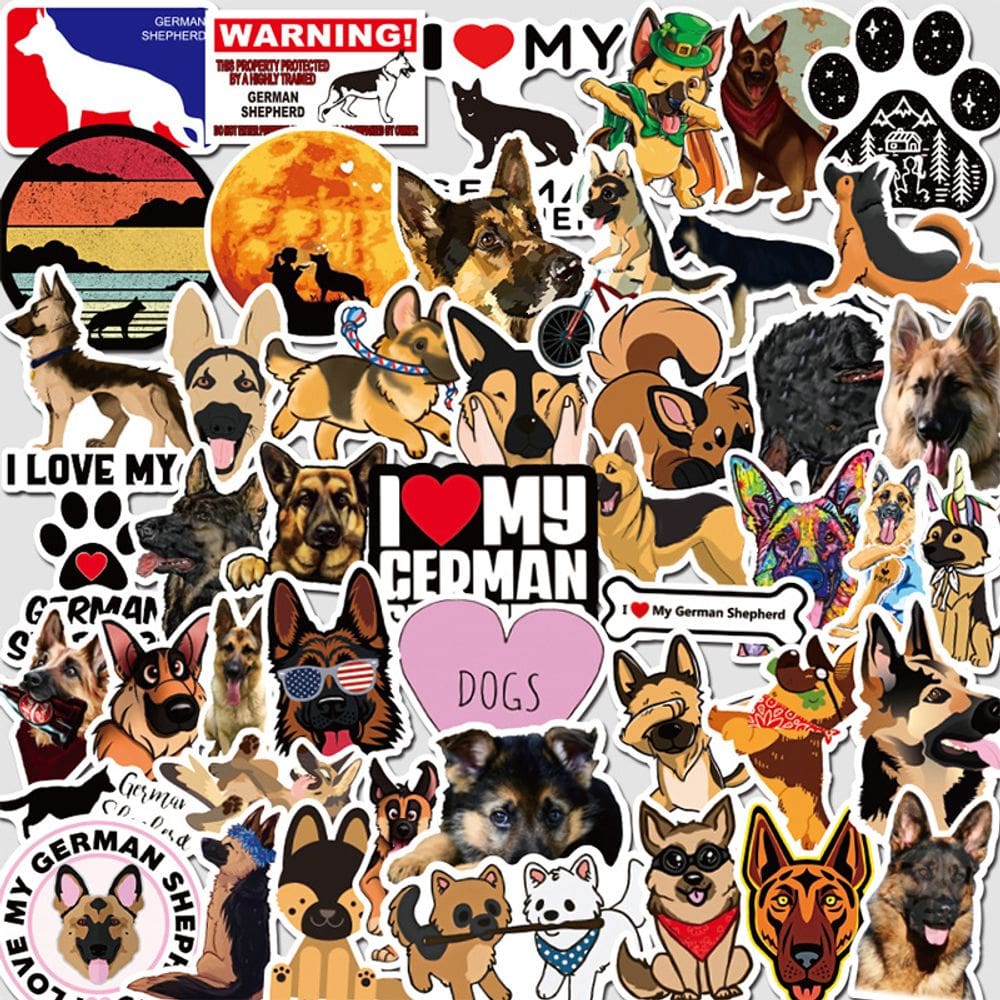 Pacote de adesivos German Shepherd, 50 peças, decalque fofo para cães de desenho animado