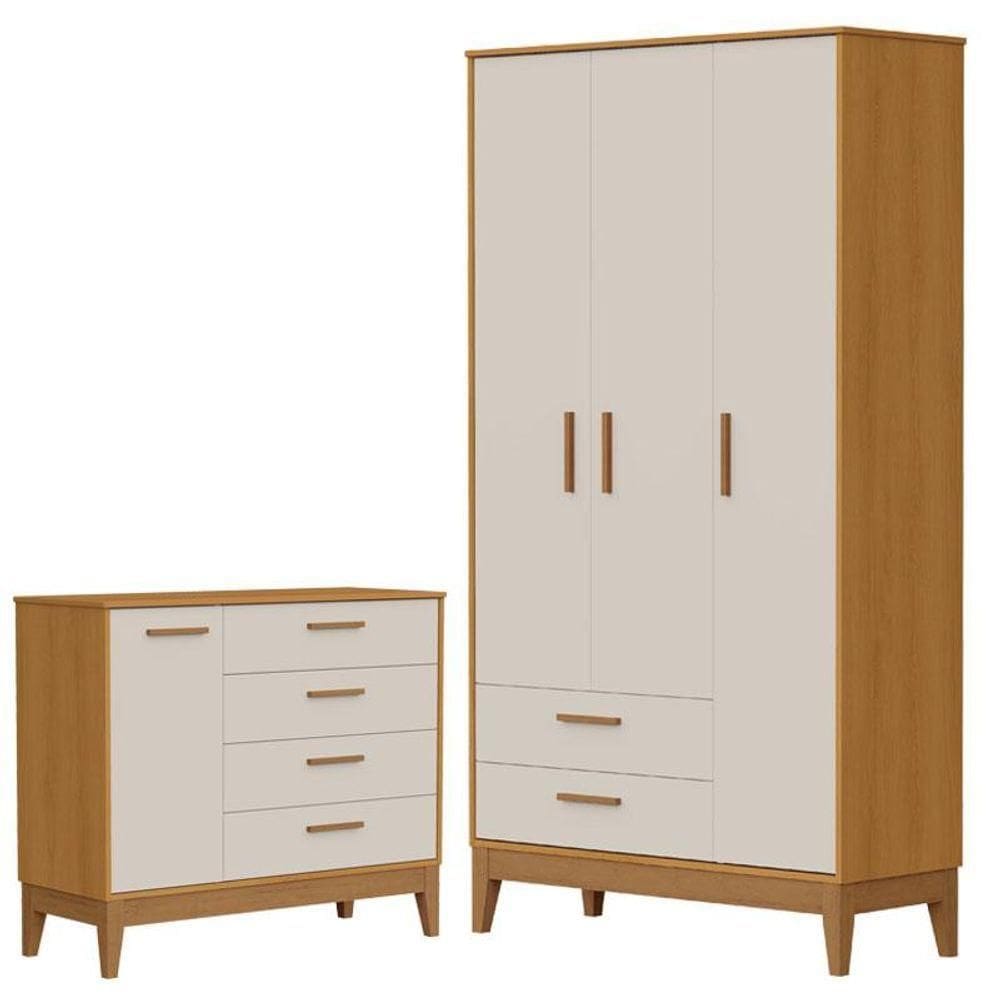 Guarda Roupa Infantil Flip 3 Portas Com Cômoda Infantil Sapateira Flip Areia Acetinado Savana - Reller