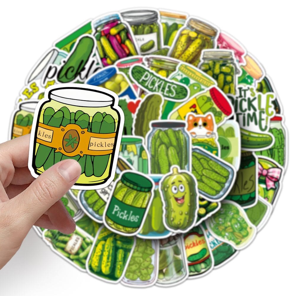 Pacote de adesivos: 50 peças com tema de picles, desenho animado, pepino e picles