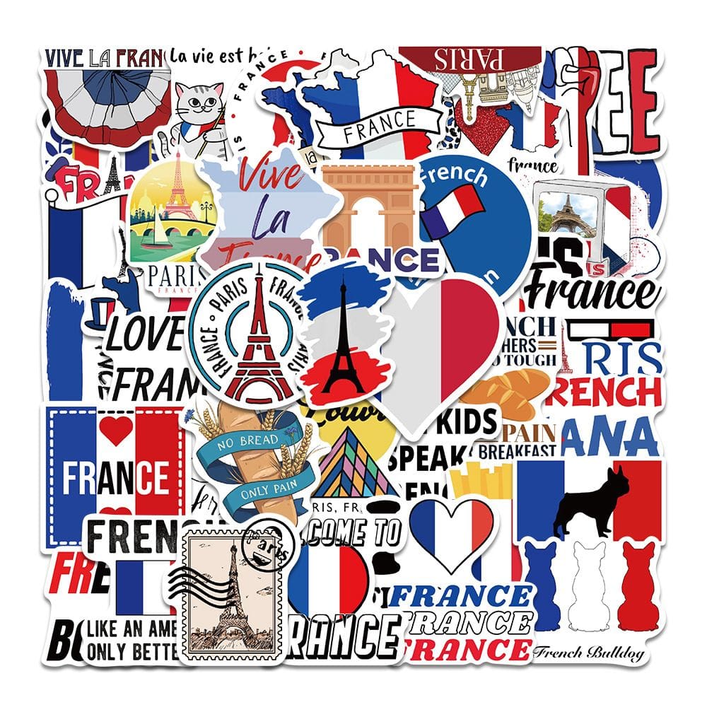Pacote de adesivos França, 50 unidades, Torre Eiffel e bandeira francesa