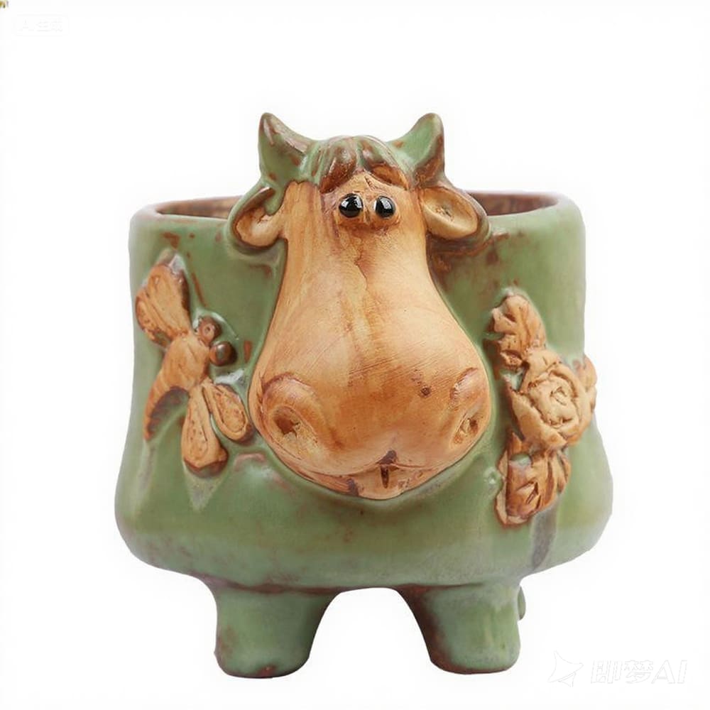 Esmalte vintage com design de vaca em vaso de flores 8x8x11cm