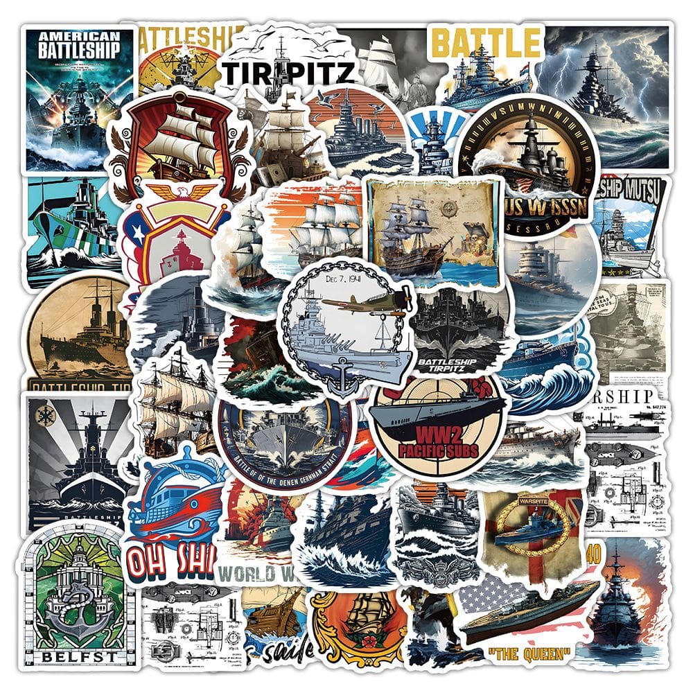 Pacote de adesivos Battleship WW2 Warship Sailboat 51 unidades