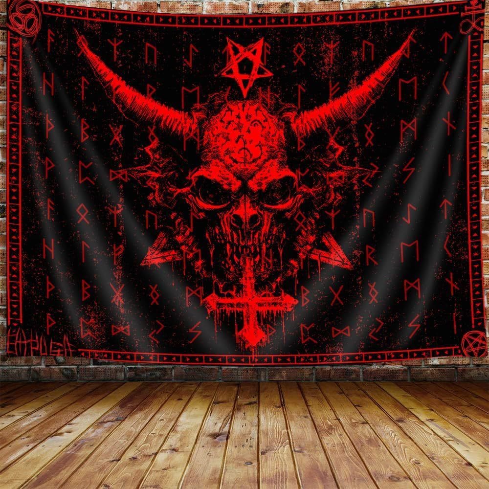 Tapeçaria, caveira gótica, pendurada na parede, cabeça com chifres escuros, 150x130cm