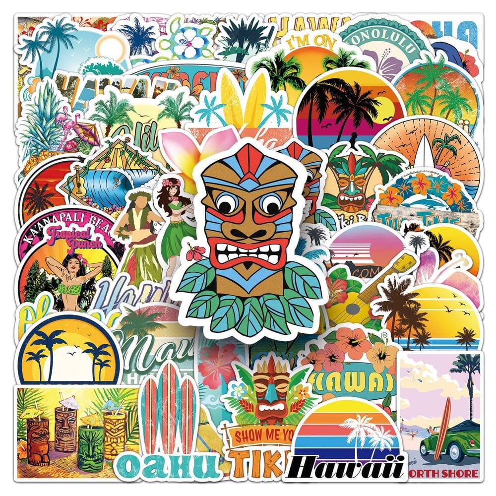 Adesivos com tema de praia havaiana, 50 peças de vinil impermeável