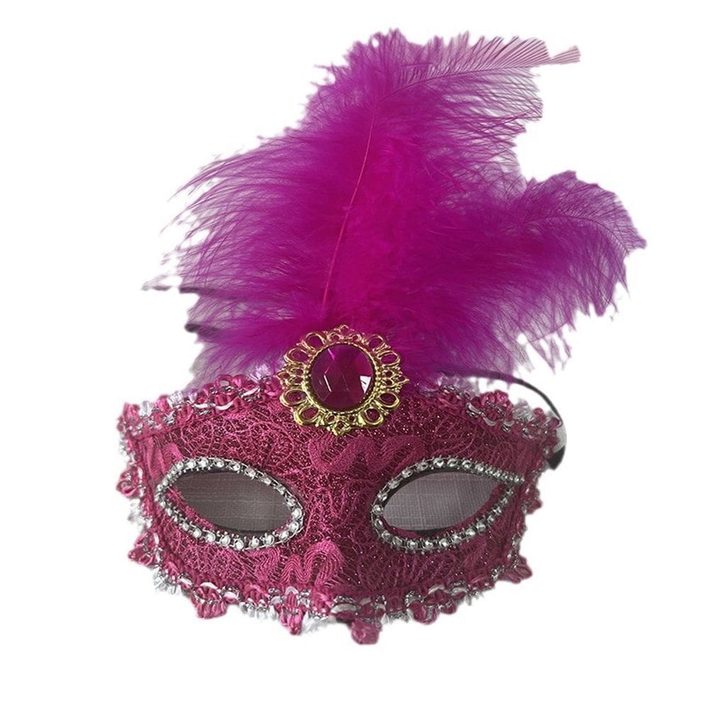 Máscara facial de renda elegante emplumada com pedras preciosas em PVC