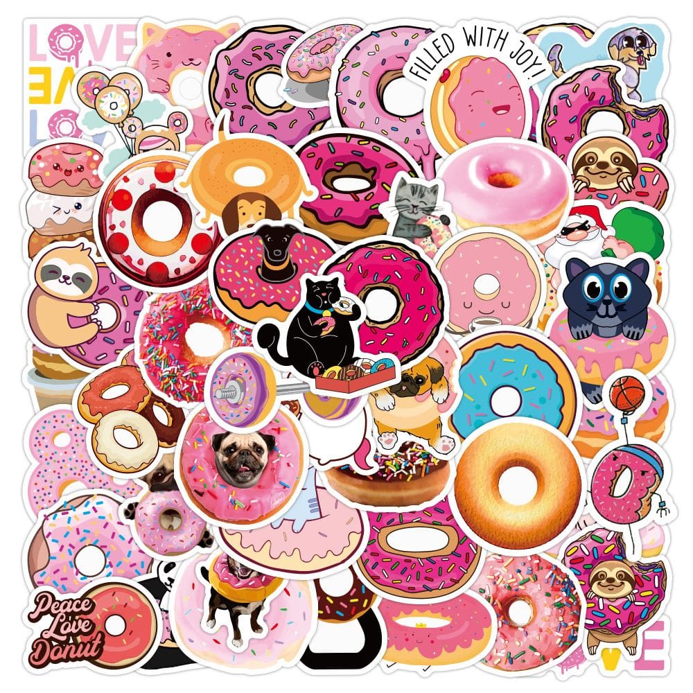 Pacote de adesivos com tema de donuts e animais, decalques de vinil, 50 unidades