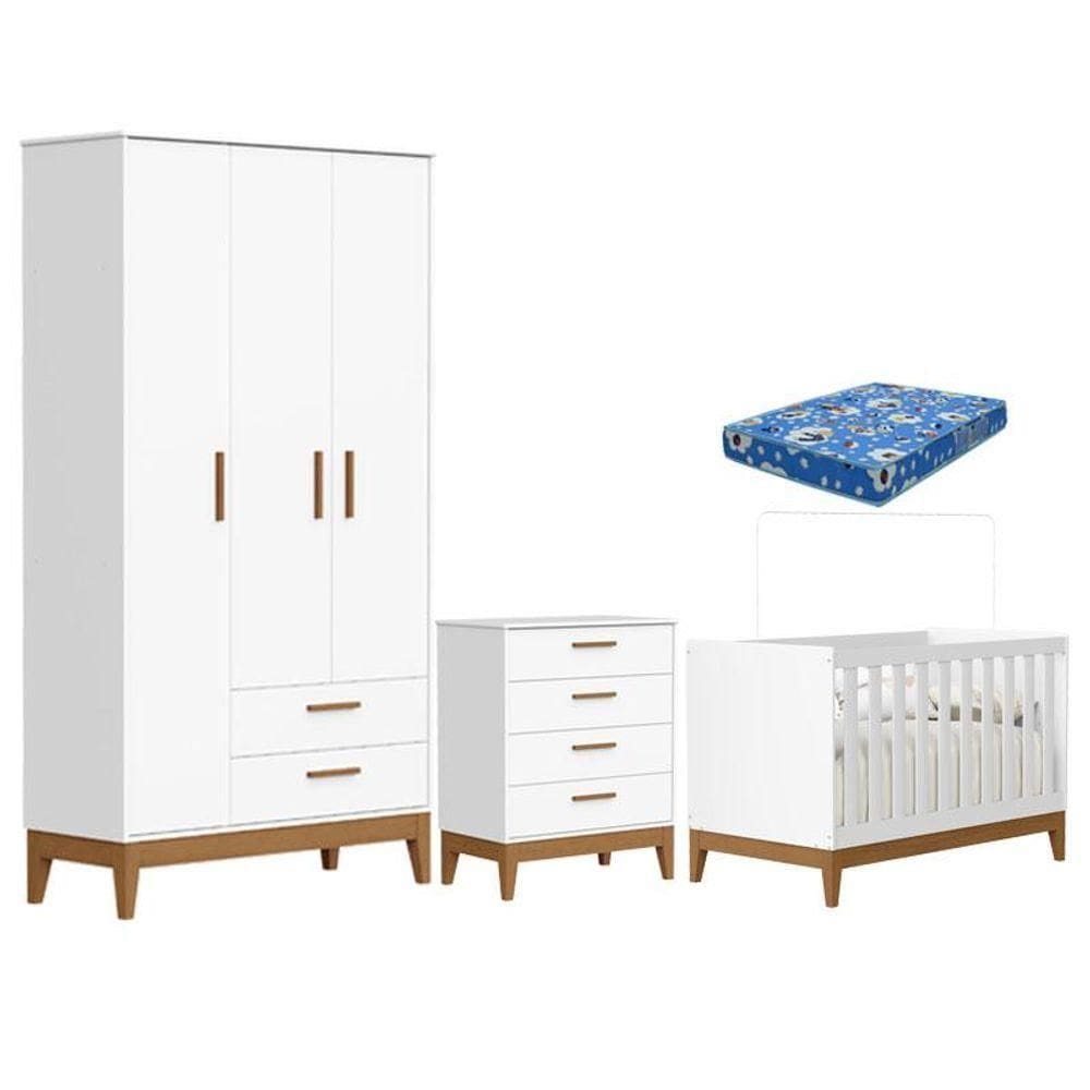 Quarto De Bebê Flip Com Cômoda Gaveteiro Branco Acetinado Com Colchão - Reller