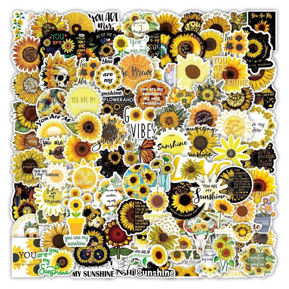Pacote de adesivos de girassol, 100 unidades de vinil floral amarelo estético