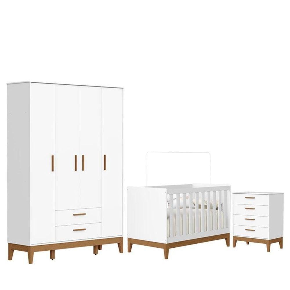 Quarto De Bebê Flip Guarda Roupa 4 Portas E Cômoda Gaveteiro Branco Acetinado - Reller