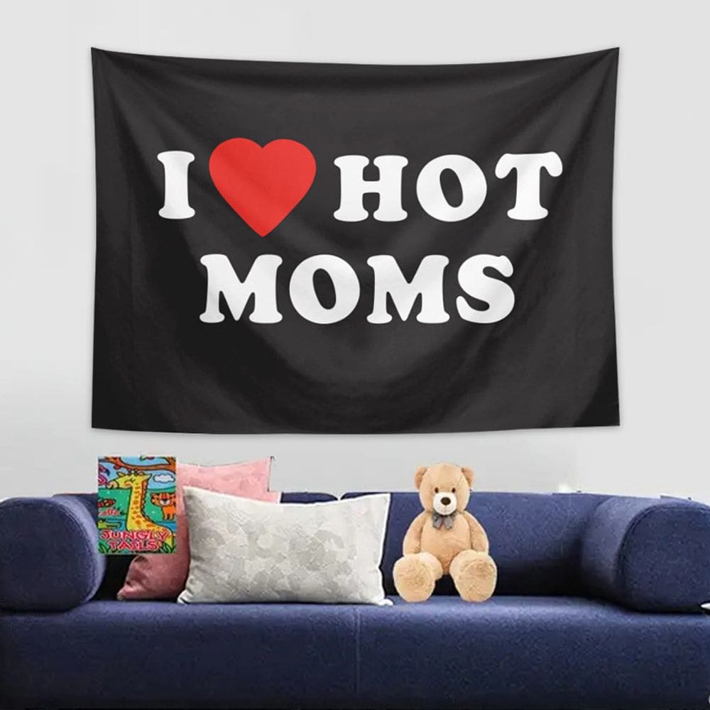 Tapeçaria para pendurar na parede I Love Hot Moms em preto e branco 150x130cm