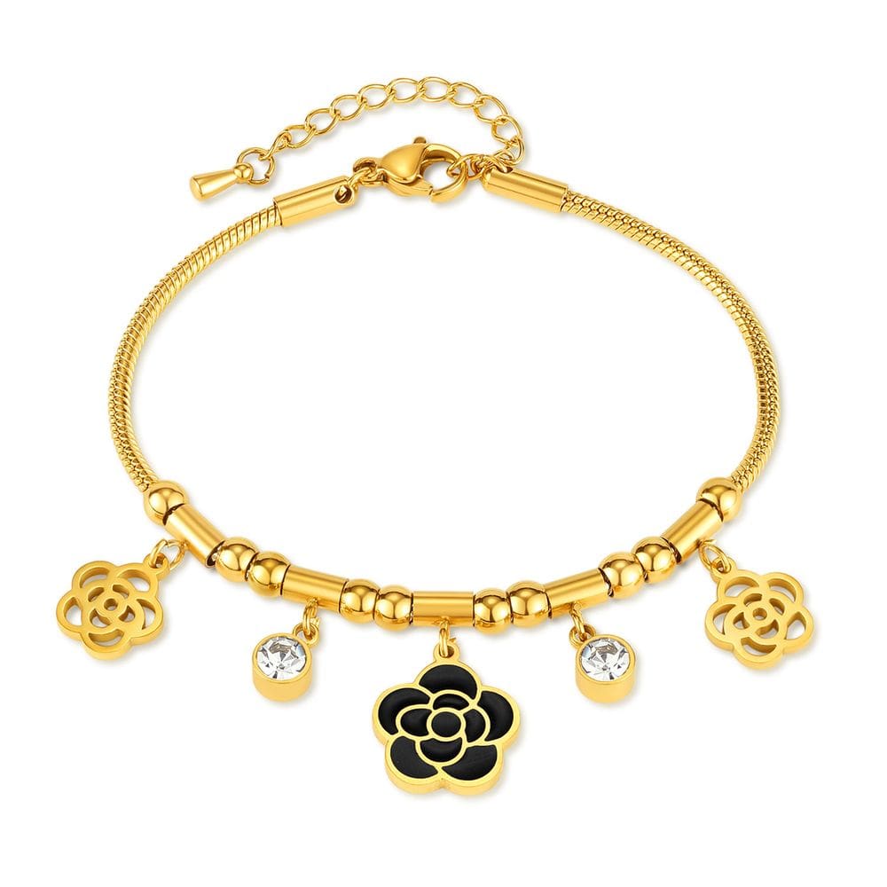 Pulseira Charm Bracelet Camellia para mulheres, corrente de cobra de aço inoxidável
