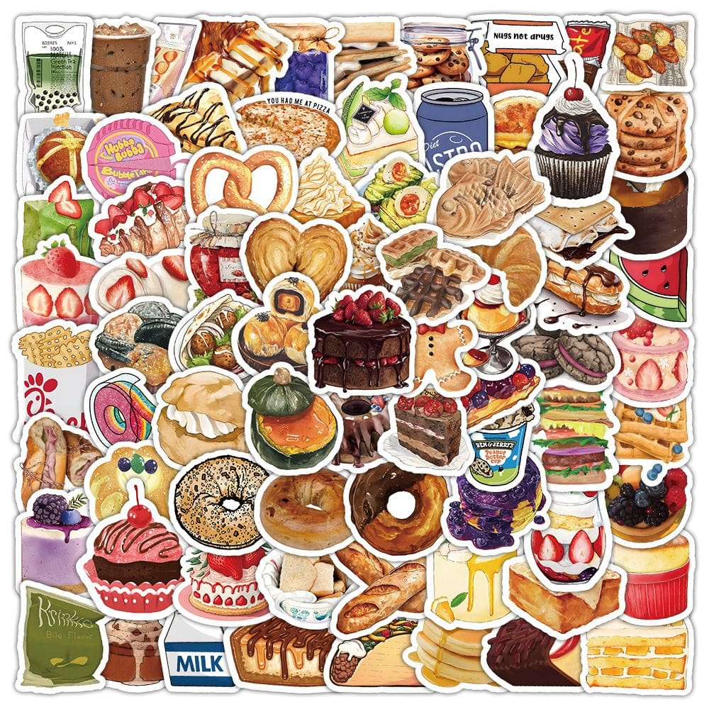 Pacote de adesivos Realistic Snack, 100 unidades de comida de desenho animado à prova d`água