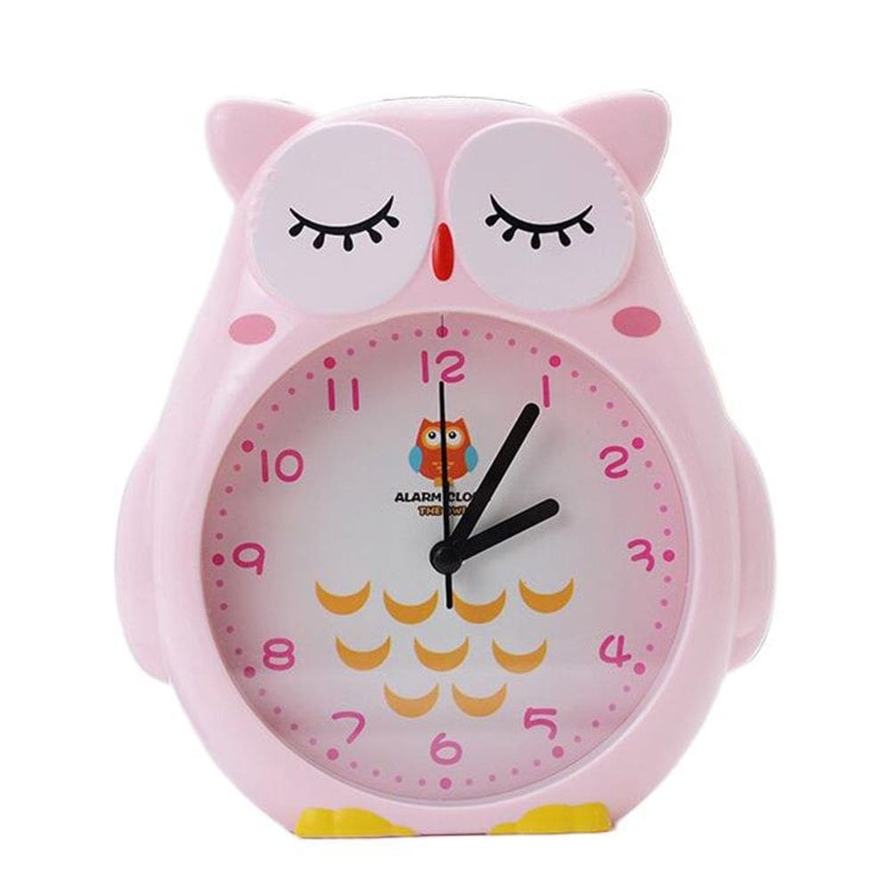 Despertador fofo analógico em forma de coruja para crianças rosa, desenho animado