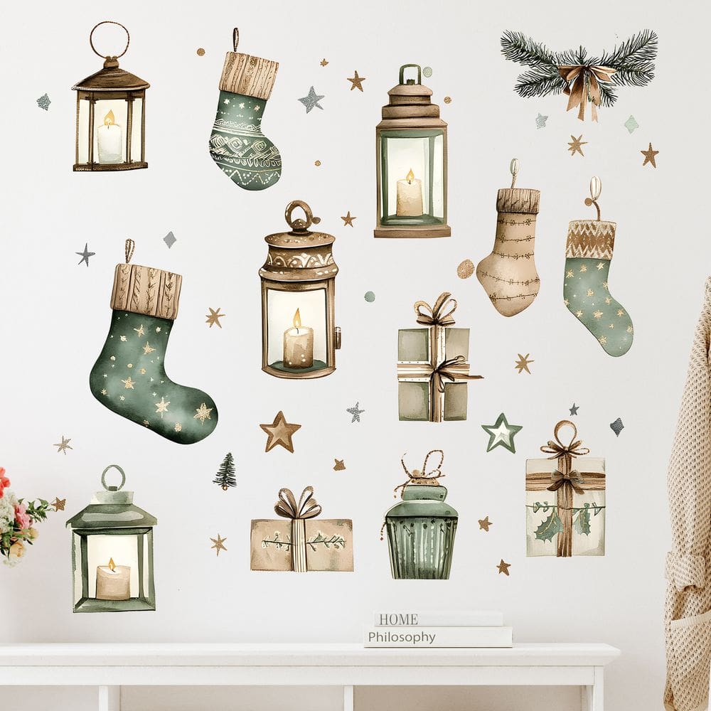 Adesivos de parede, lanterna de Natal, vela, meia, caixa de presente