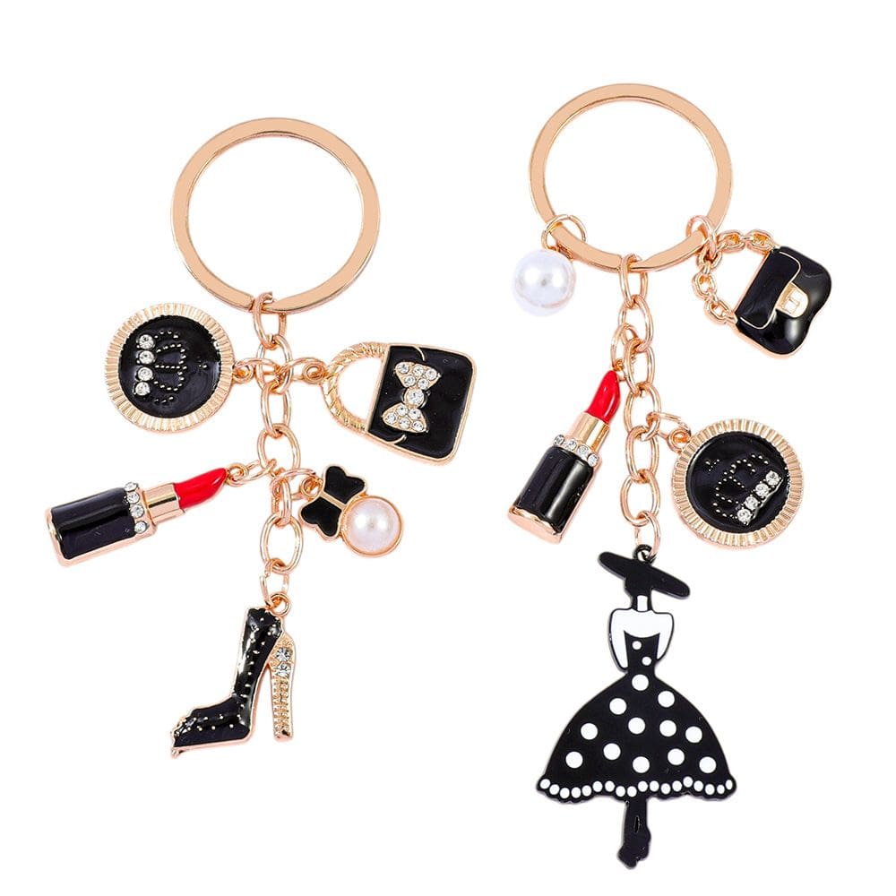 Conjunto de chaveiros Fashion Lady Elegant Black Dress Pearl Li