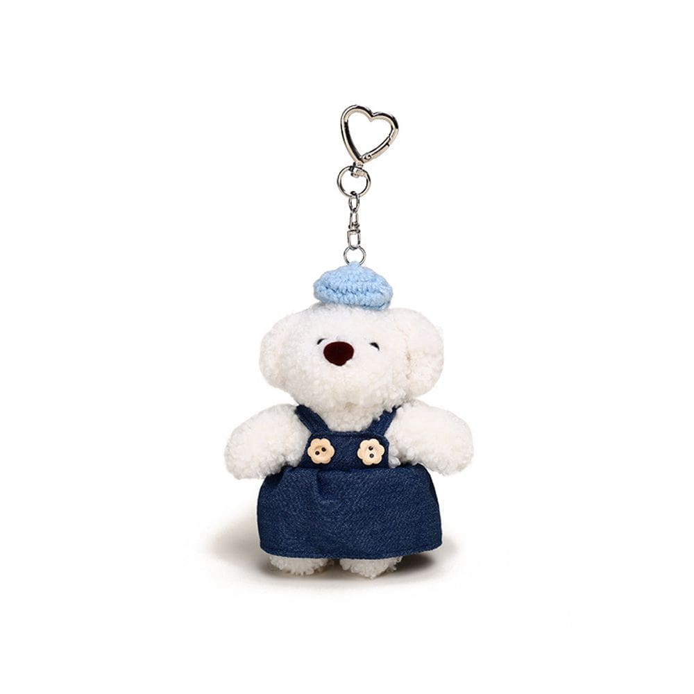 Chaveiro de pelúcia, lindo vestido jeans, chapéu azul, 10x13cm