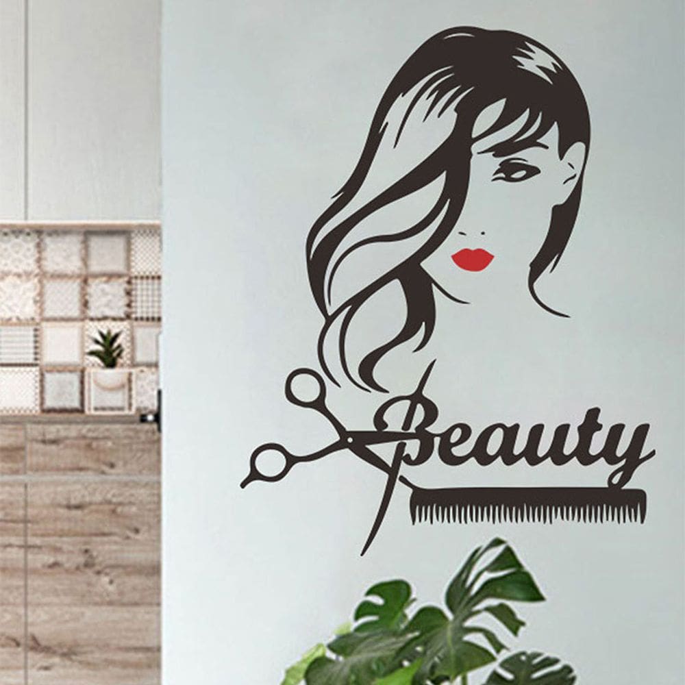 Adesivos de parede em PVC Decoração de salão de beleza Sexy Long Hair Woman