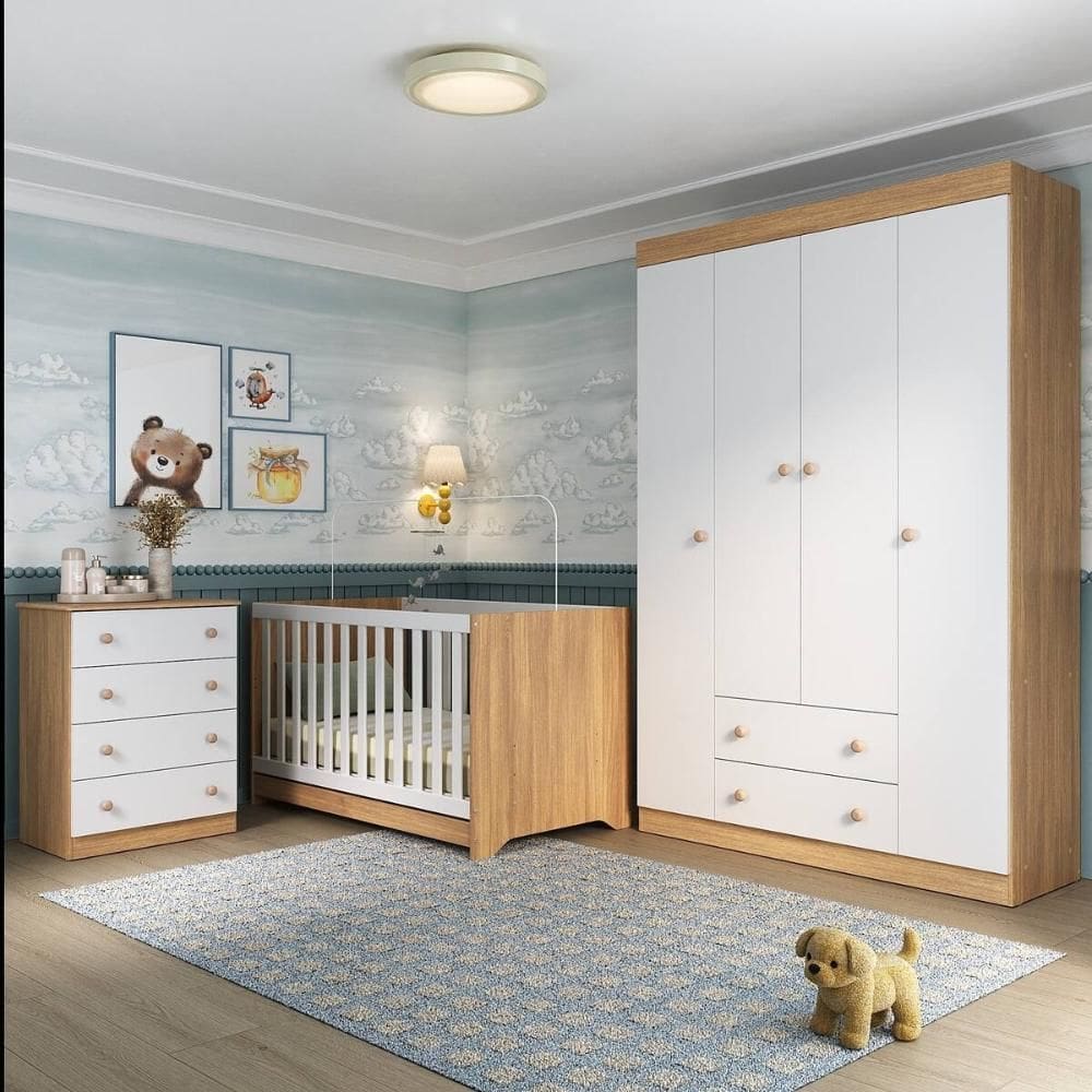 Quarto de Bebê Completo com Berço Americano 3 em 1 p/Colchão 130x70cm Encanto Multimóveis MP4585