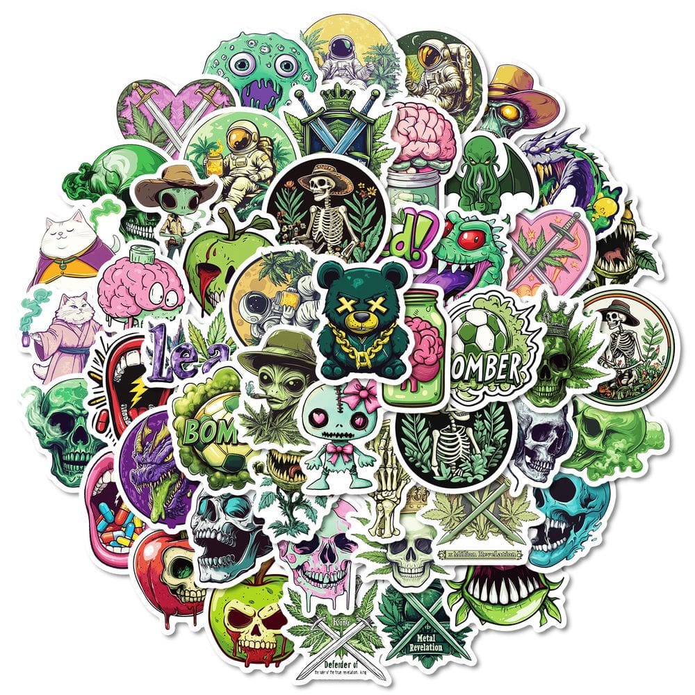 Pacote de adesivos: vinil impermeável de desenho animado verde, 50 unidades