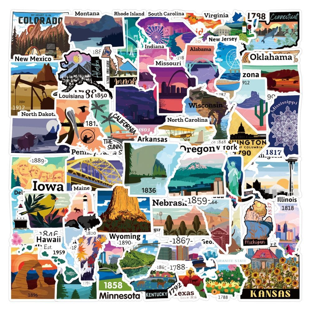 Pacote de adesivos USA Map, 50 peças de decalques de vinil State Landmark