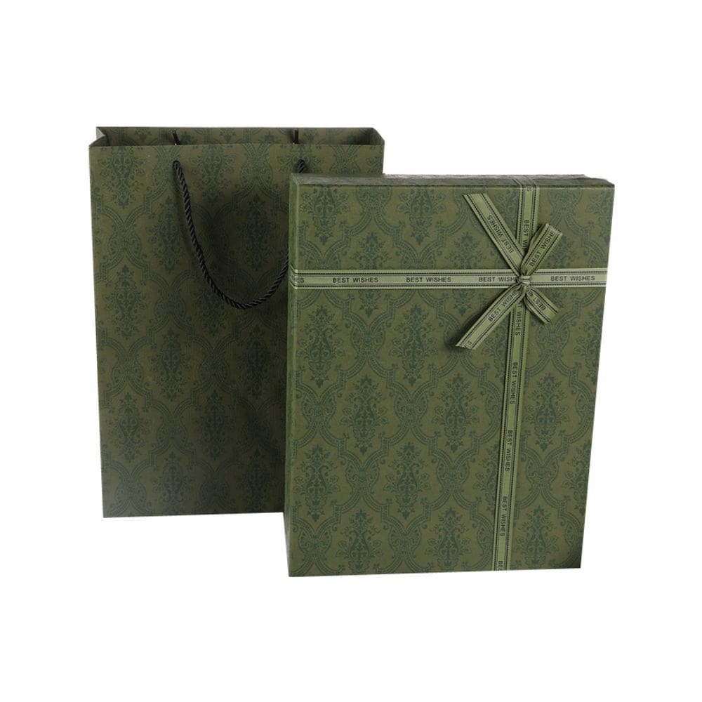 Conjunto de caixa de presente e bolsa de papelão verde luxuoso 30x23x6cm