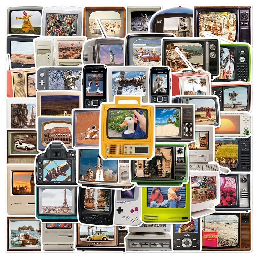 Pacote de adesivos: TV retrô e alto-falante, 50 unidades de vinil impermeável