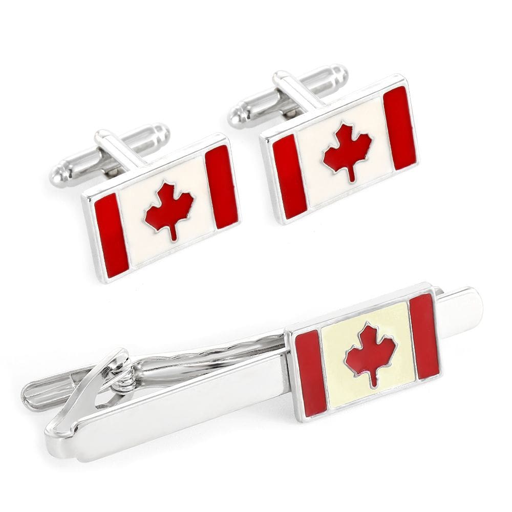 Conjunto de abotoaduras e clipes de gravata, bandeira do Canadá para homens, prateado