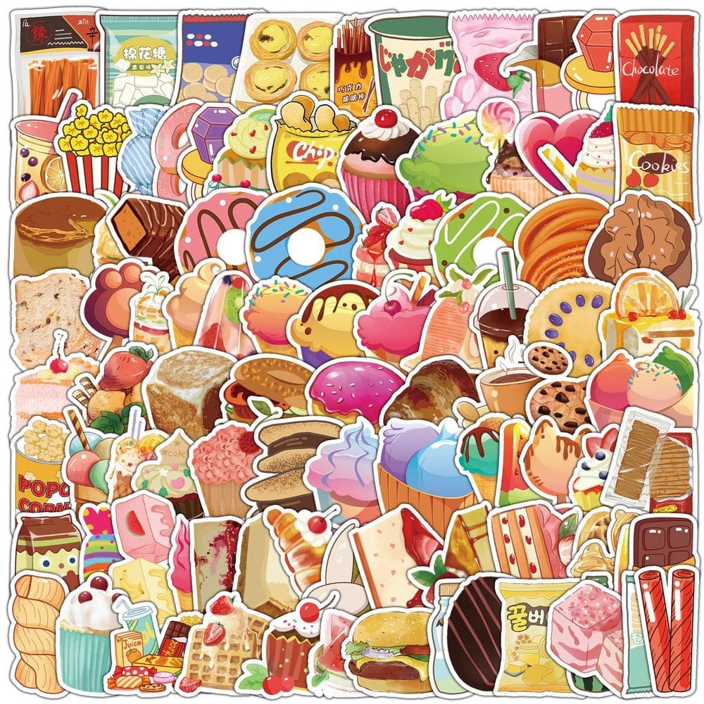 Pacote de adesivos: 100 peças de comida de desenho animado com tema de lanche, à prova d`água