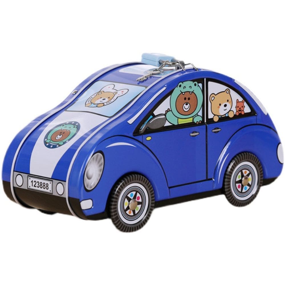 Banco de moedas, desenho animado, metal em forma de carro com fechadura para crianças