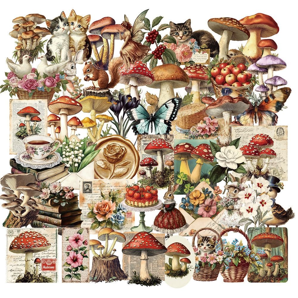 Pacote de adesivos Vintage Mushroom 50 unidades Retro Aesthetic PET V