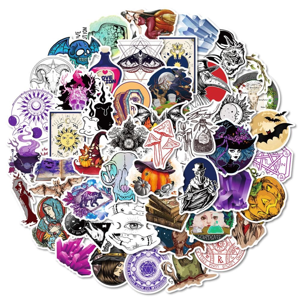 Pacote de adesivos Magic Gothic, 50 unidades Witch Skull Bat Cryst