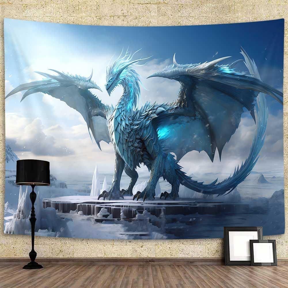 Tapeçaria para pendurar na parede Fantasy Dragon Ice Blue 150x130cm