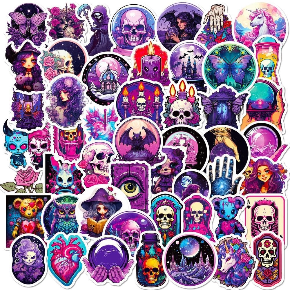 Pacote de adesivos Gothic Purple Witch Skull Bat Butt x50