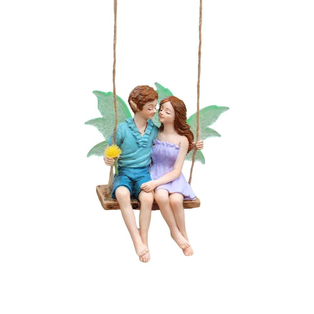 Decoração de jardim Fairy Couple Sculpture Resin Swing