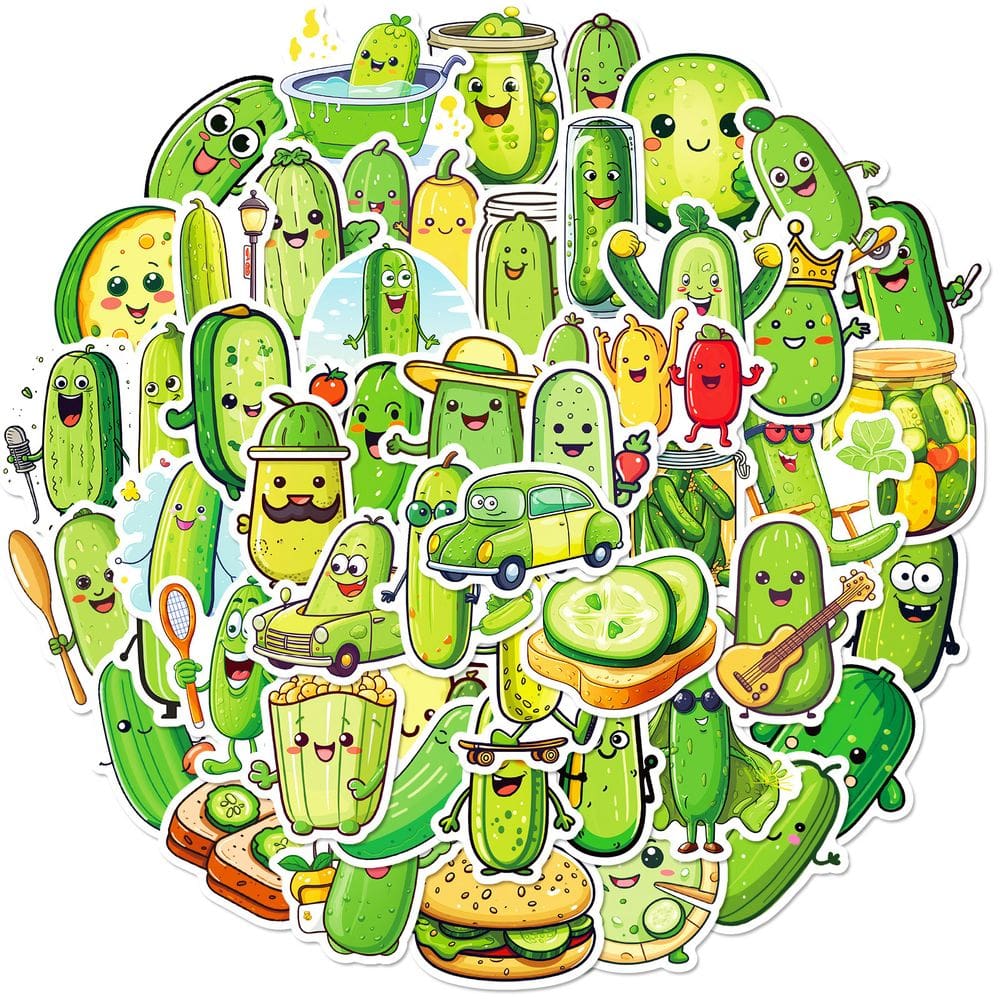 Pacote de adesivos: 50 peças com tema de picles, desenho animado, pepino e picles